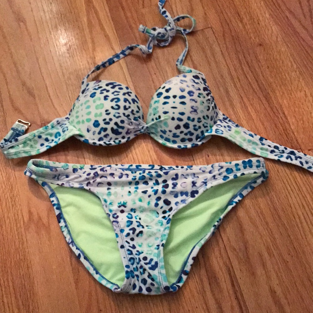 green and blue cheetah print bikini